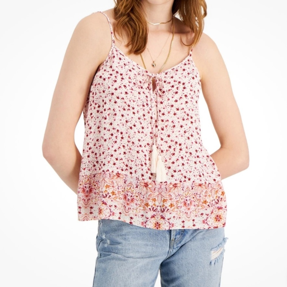 New! Hippie Rose Floral Tank Top Relaxed Fit‎ Tassel Tie Medium Juniors Rayon